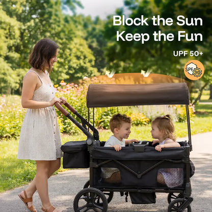 2-Seat Foldable Wagon Stroller with UPF 50+ Canopy, Mosquito Net, 5-Point Harness, All-Terrain Wheels & Large Storage