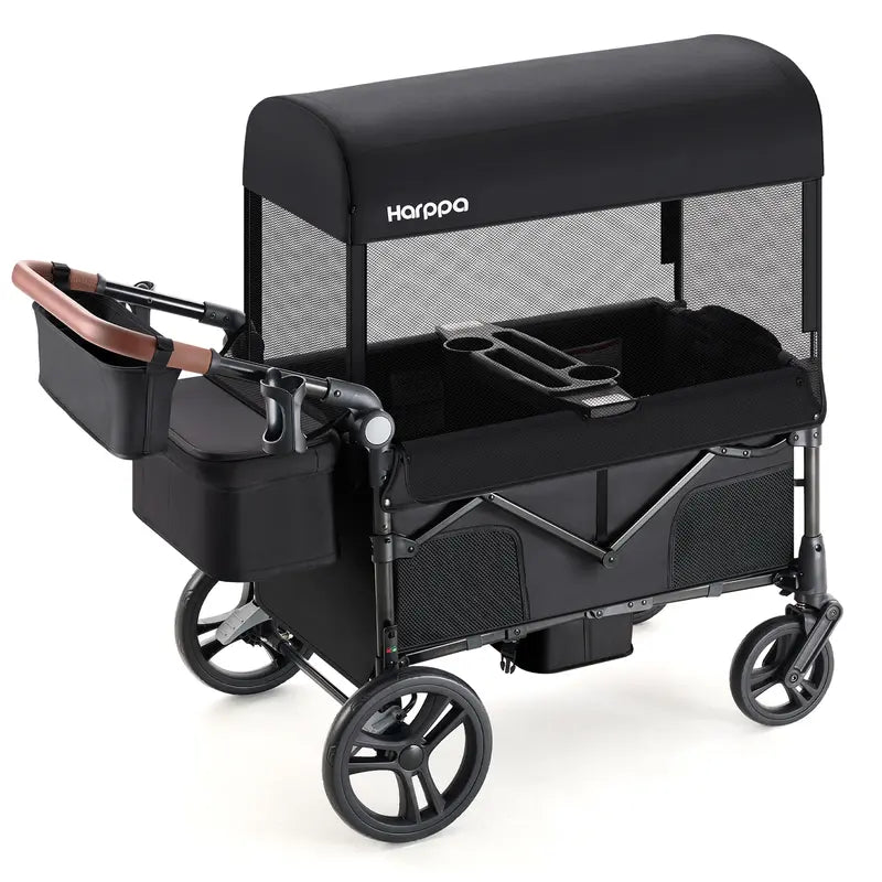 2-Seat Foldable Wagon Stroller with UPF 50+ Canopy, Mosquito Net, 5-Point Harness, All-Terrain Wheels & Large Storage