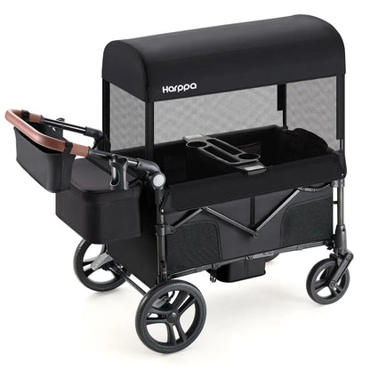 2-Seat Foldable Wagon Stroller with UPF 50+ Canopy, Mosquito Net, 5-Point Harness, All-Terrain Wheels & Large Storage