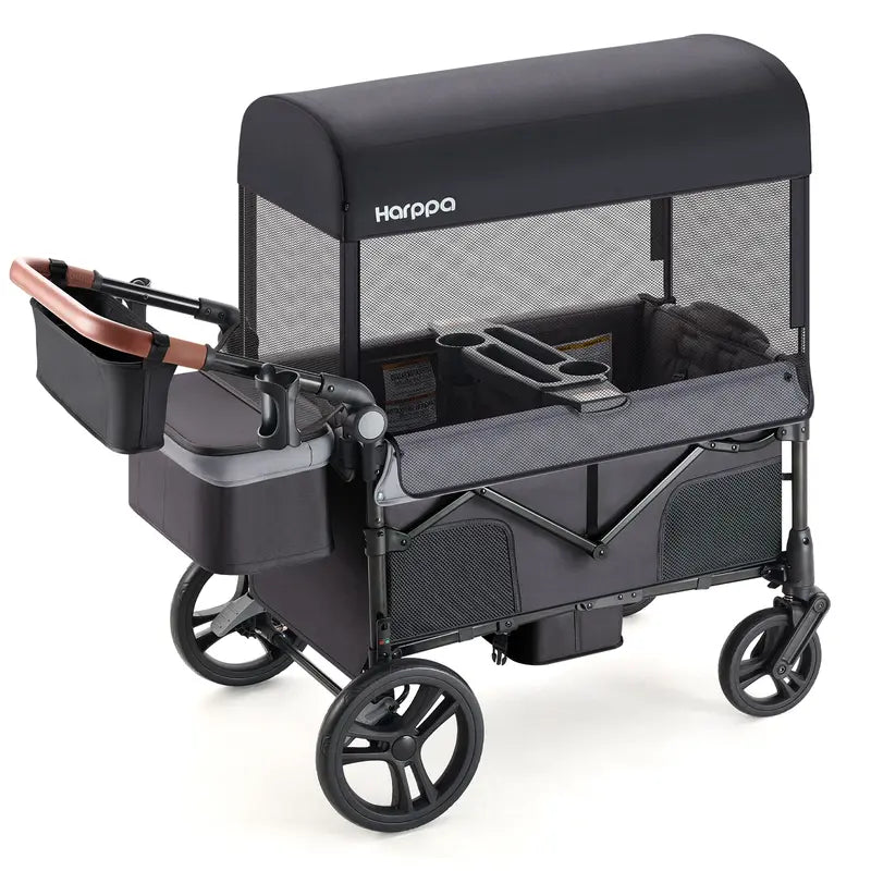 2-Seat Foldable Wagon Stroller with UPF 50+ Canopy, Mosquito Net, 5-Point Harness, All-Terrain Wheels & Large Storage