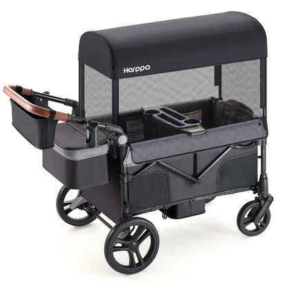 2-Seat Foldable Wagon Stroller with UPF 50+ Canopy, Mosquito Net, 5-Point Harness, All-Terrain Wheels & Large Storage