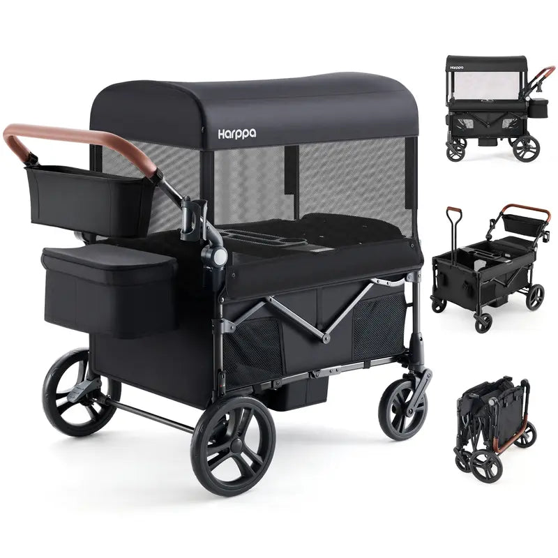 2-Seat Foldable Wagon Stroller with UPF 50+ Canopy, Mosquito Net, 5-Point Harness, All-Terrain Wheels & Large Storage