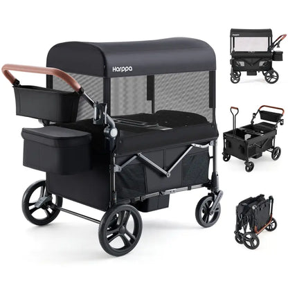 2-Seat Foldable Wagon Stroller with UPF 50+ Canopy, Mosquito Net, 5-Point Harness, All-Terrain Wheels & Large Storage